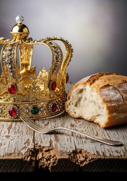A golden majestic crown rests on a rough wooden table beside a partially eaten loaf of stale bread, symbolizing isolation and poverty, emptiness, royalty, rustic