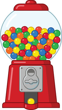 Vintage Red Gumball Machine Vector Illustration Featuring Retro Glass Globe Filled with Colorful Round Bubblegum Candies for Sweet Shop Designs