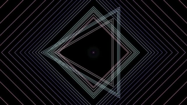 Hypnotic looping geometric frame sequence with glowing neon lines against a dark background