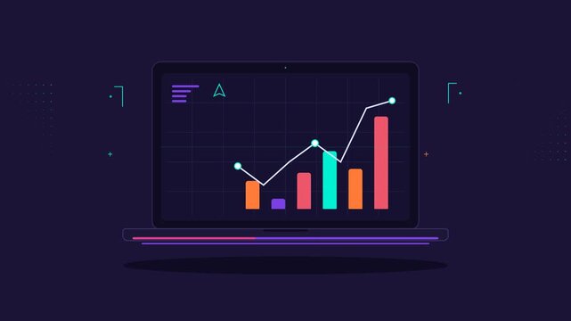 Animated laptop display showing financial growth chart and analytics graph with rising bar metrics business analytics