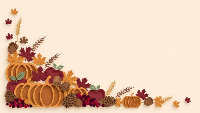 Fall harvest illustration featuring pumpkins and wheat
