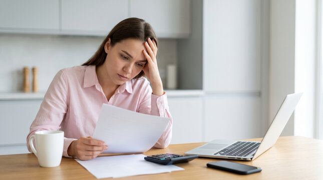 Bills paper stack unpaid causing financial stress for woman at home. Financial bankruptcy debt crisis. overdue invoice payment document statement, expense budget problem stress