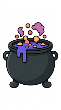 Witch cauldron boiling with purple magic potion and bubbles