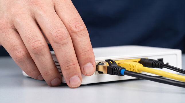 Network cable optical switch router modem technician hand. Datacenter server system. telecom communication connection, fiber ethernet wire, broadband speed