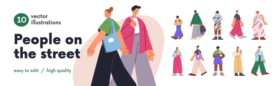 Persons, characters walk. Flat vector people. City people set. Man, woman walking on street. Diverse persons, various characters collection, walk outdoors with phone, bag. Casual stylish people