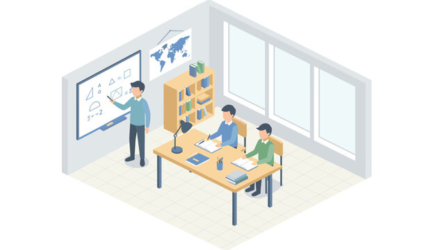 Teacher in a classroom pointing to a whiteboard with geometry shapes, with students studying at a desk, educational concept.