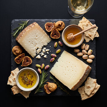 top down view Greek Aegean Platter: An artfully arranged selection of Greek cheeses, featuring a block of barrel-aged Kasseri and a wedge of salty Graviera. Accompaniments: honey-drizzled dried figs, 