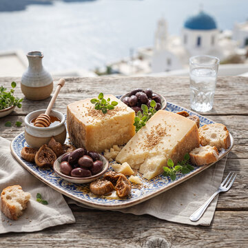 Greek Aegean Platter: An artfully arranged selection of Greek cheeses, featuring a block of barrel-aged Kasseri and a wedge of salty Graviera. Accompaniments: honey-drizzled dried figs, Kalamata olive