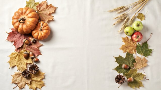 Autumn harvest flat lay with pumpkins leaves and wheat on white fabric
