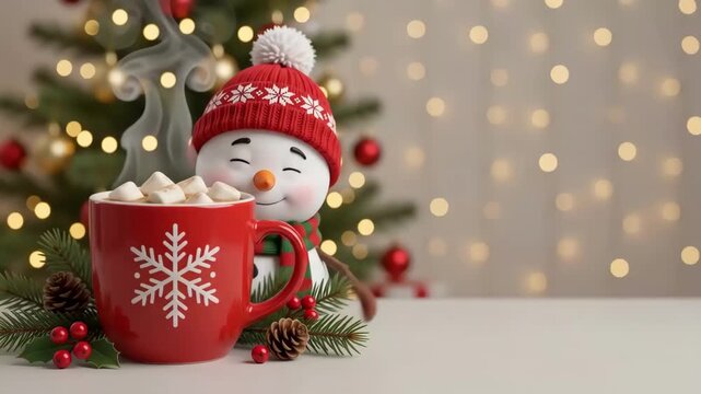 Animated Video of a Snowman Magically Appearing Next to a Steaming Mug of Hot Cocoa and Holiday Decorations for Festive Winter Greetings - Christmas
