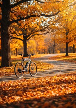 A sleek electric bicycle travels along a winding park path surrounded by golden autumn trees and fallen orange leaves in the warm sunlight, trail, transportation, foliage