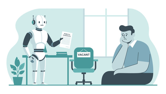 Sad unemployed person sitting on the floor with a box of office belongings while a robot holds a vacant candidate paper in a modern office room.