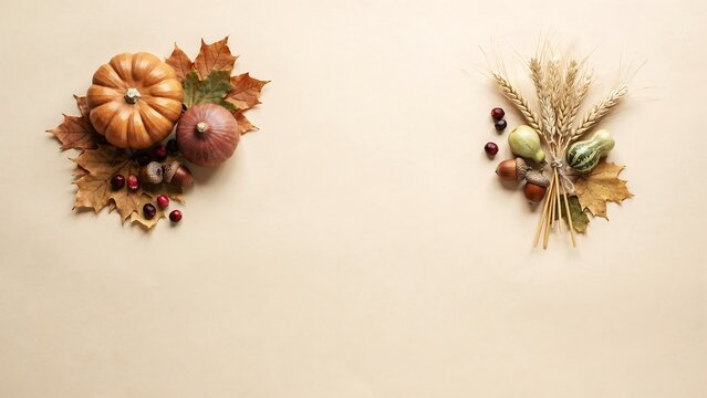 Minimalist autumn flat lay composition with small pumpkins and wheat on beige