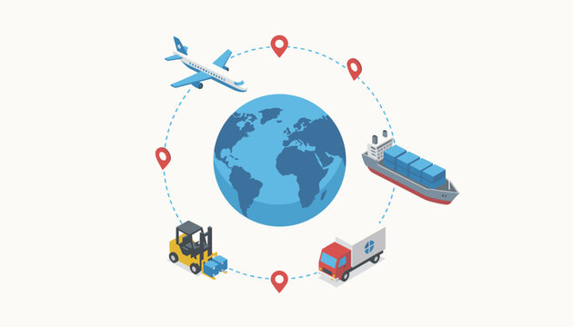 Global logistics and transportation network with an airplane, cargo ship, truck, and forklift moving goods around the earth in a delivery loop.
