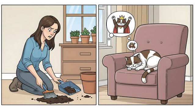 Frustrated woman cleaning spilled plant soil from the floor while her cat sleeps on an armchair dreaming of being a powerful king with a crown