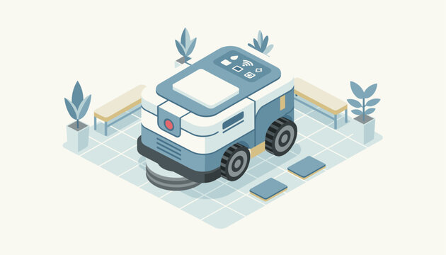 Autonomous cleaning robot operating in a modern office lobby to maintain floor cleanliness with smart navigation and efficient floor care technology.