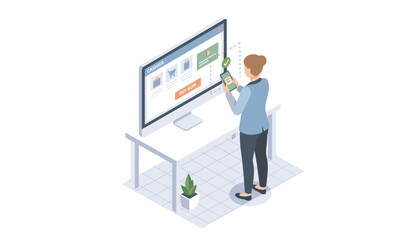 Obraz premium Person using a mobile app on their smartphone to complete an online purchase on a large desktop computer screen in a secure cashier window.
