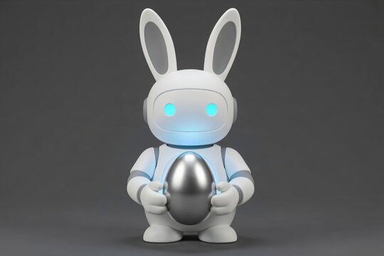 Futuristic 3D Robot Easter Bunny with Holographic Egg Display