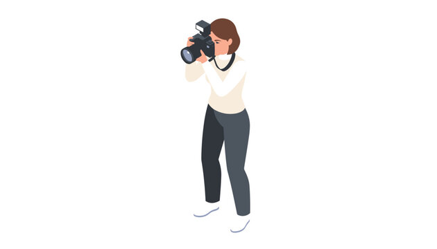 Professional photographer capturing images with a camera, demonstrating skills in photography and focus in an isolated, clean white studio background.