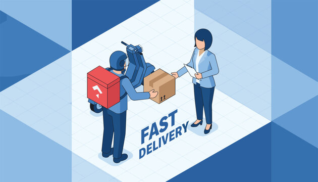 Fast delivery concept with a courier on a scooter handing a package to a customer, representing efficient logistics and shipping services.