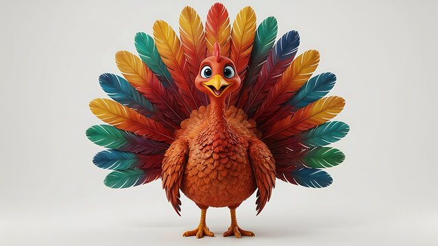 Cute cartoon turkey with colorful feather tail isolated on white background