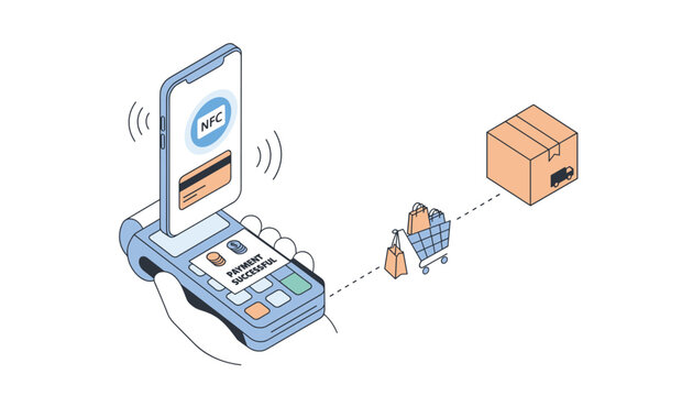 NFC mobile payment successful transaction with a customer using a smartphone at a point of sale terminal to pay for a shopping bag delivery.