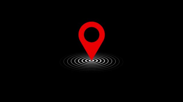 Map pin animation displays concentric circular target rings on dark. Waypoint destination data routes on map pin. Mapping consoles operate with active map pin.
