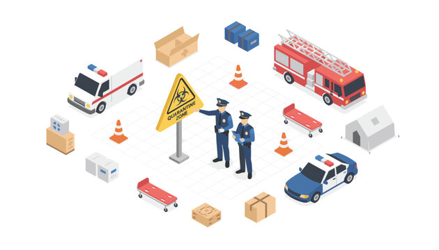 Police officers standing in a quarantine zone area with medical supplies, an ambulance, a fire truck, and a police car, representing emergency management.