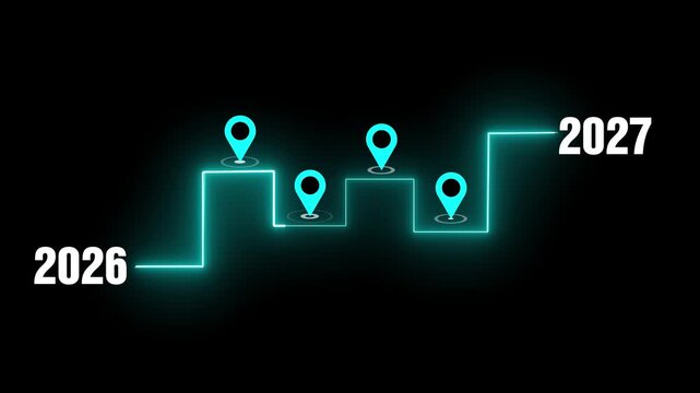 Timeline animation connects chronological location pins on dark. Milestone transition data routes through timeline. Schedule consoles operate with timeline online.