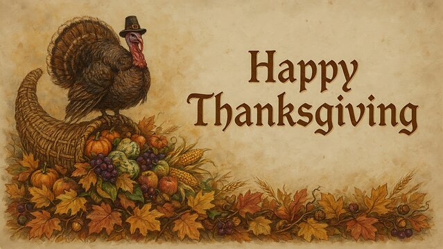 Happy thanksgiving greeting card featuring turkey and cornucopia with autumn harvest