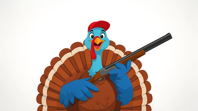Cartoon turkey holding hunting shotgun against clean white background