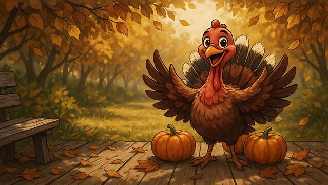 Cute cartoon turkey with open wings celebrating thanksgiving in autumn forest