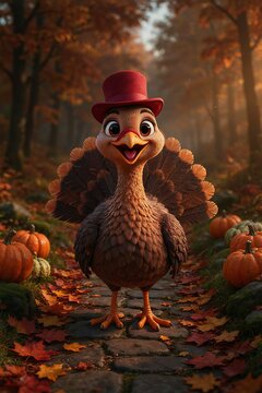 Cheerful cute cartoon turkey wearing red top hat in autumn forest path