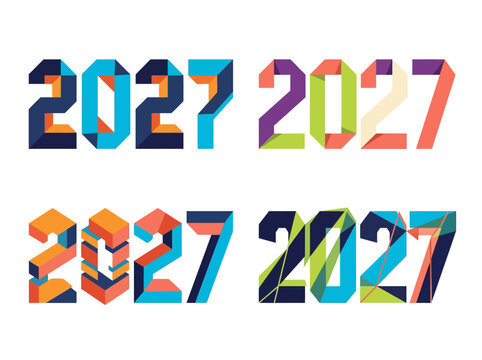Set of four creative 2027 year typography designs featuring geometric abstract shapes and vibrant modern color palettes for New Year celebration graphics