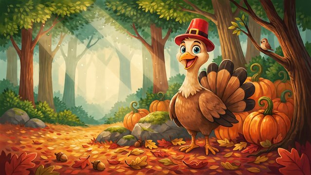 Charming cartoon turkey wearing pilgrim hat standing in autumn woodland