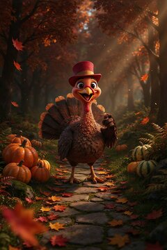 Friendly cartoon turkey in red top hat greeting in autumn forest