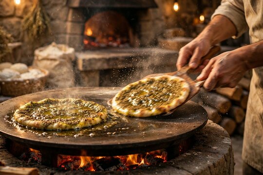 Za'atar manoushe flatbread baking on a flaming saj griddle with baker hands in a stone oven bakery
