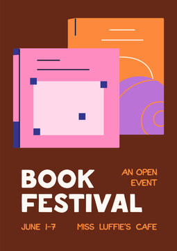 Book festival poster. Book fair, poster background design. Reading festival flyer, sale fest, education event. Literature festival banner, card design. Read club template. Flat vector illustration