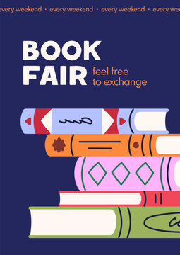 Book fair poster design, festival flyer. Vector illustration, poster background for sale, education event. Books stack, ad card for reading fair, literature festival, bookstore, library club