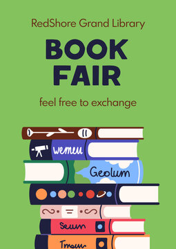 Book fair, poster design. School festival, flyer design for study event, education banner with book stack. School library day, placard background for literature fair. Textbook festival poster