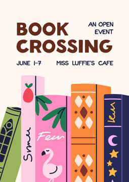 Book exchange poster, read club, banner design. Book crossing and sharing day, poster template. Literature exchange day in library, bookstore, shop. Flyer card, invitation placard for swap event