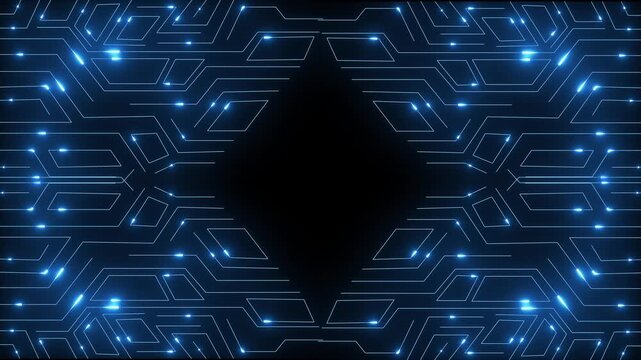 Circuit board pattern animation displays symmetrical traces across dark space. Processor hardware computing data routes on board. Consoles use circuit board pattern.