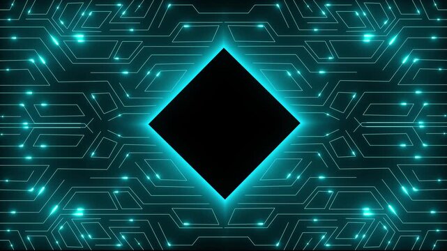 Circuit board pattern animation displays an illuminated square node on dark. Hardware computing data routes on board. Consoles operate with circuit board pattern.