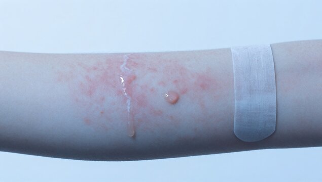 Close Up of Human Arm with Red Skin Rash and Fluid Filled Blister showing Allergic Reaction or Skin Infection on Pale Skin in Clinical Setting