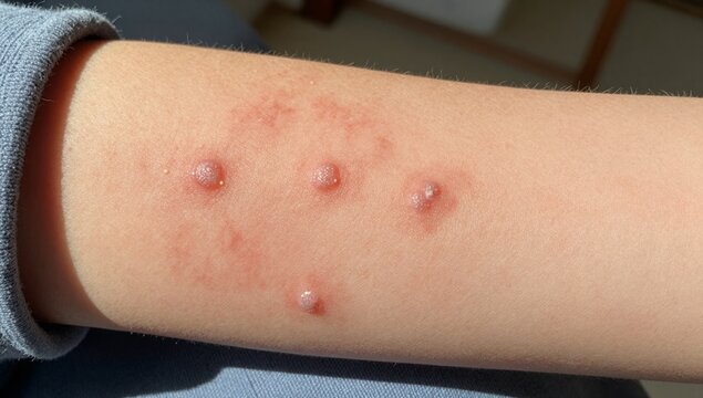Close up view of red skin rash with small fluid filled blisters on human forearm, demonstrating symptoms of dermatitis, allergic reaction, or insect bites on skin surface