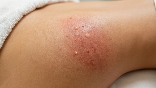Close up of inflamed skin with red rash and small fluid filled blisters on a person s leg, showing symptoms of contact dermatitis, allergy, or skin infection in a medical context