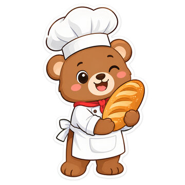 Cute Bear Chef Holding Fresh Bread, Kawaii Bakery Mascot