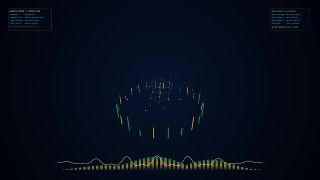 Futuristic 3D financial technology visualization featuring a rotating quantum hypercube tesseract, golden distributed ledger nodes, ascending trading candlestick columns, and real-time market telemetr