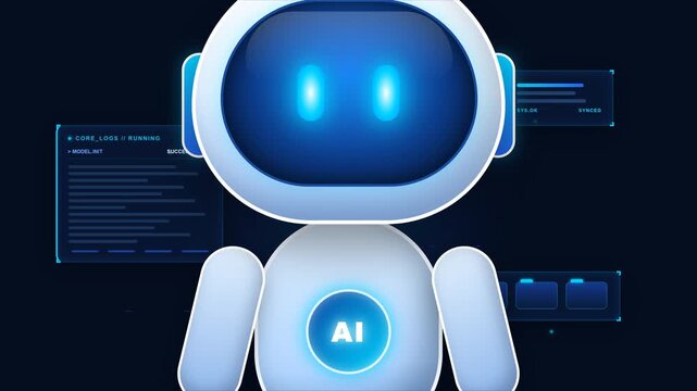 Cute white ai robot character with glowing blue eyes and digital code interfaces background, artificial intelligence