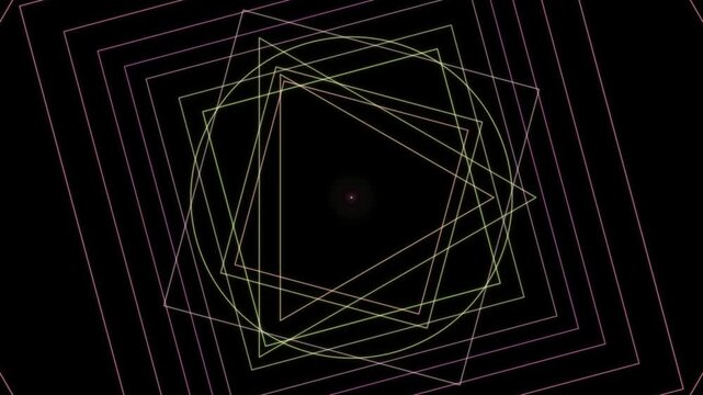 Concentric neon squares create a rotating looping geometric pattern against a dark background